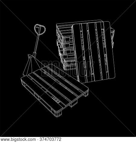 Hand Pallet Jack Lift. Manual Forklift With Cargo Pallet For Warehouse. Logistics Shipping Concept. 