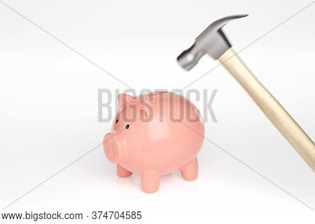 Breaking The Piggy Bank With A Hammer. 3d Illustration