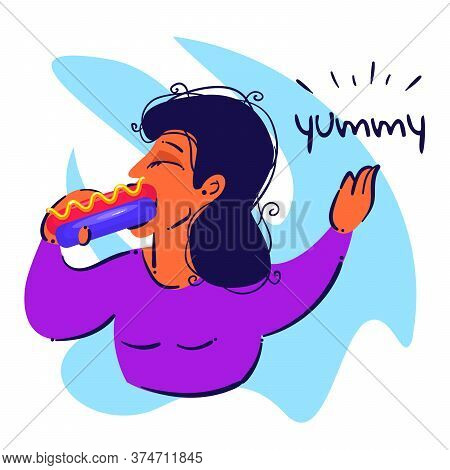 Stock Vector Illustration Of Happy Girl Who Eats Hot Dog On White Isolated Background. Flat Fast Foo