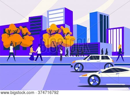 Brightly Colored Cartoon City Street Scene With Traffic In The Road And Pedestrians Walking In Front