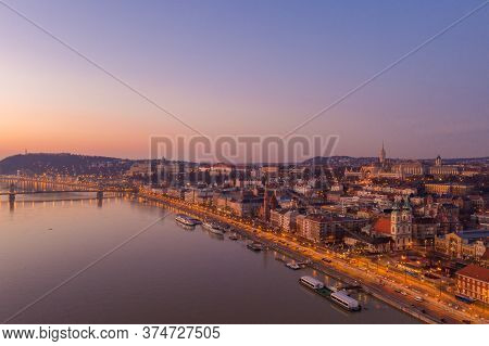 Aerial Drone Shot Of St. Anne Church Market Hall And Fisherman Bastion On Buda Hill