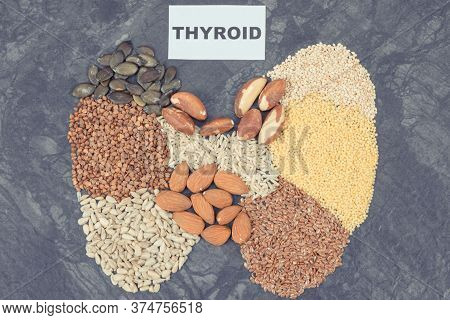 Nutritious Natural Ingredients In Shape Of Thyroid. Healthy Food As Source Vitamins And Minerals. Pr