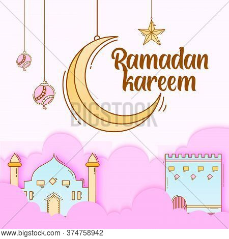 Ramadan Kareem Background Paper Cut Out Effect Decorated With Hand Drawn Doodle Of Islamic Ornament,