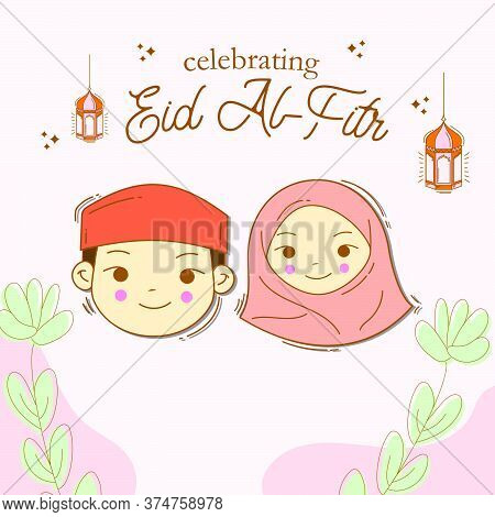 Happy Face Of Cute Muslim Boy And Girl Celebrating Eid Mubarak With Hand Drawn Style Illustration. I