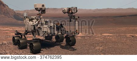 Mars. The Perseverance Rover Deploys Its Equipment Against The Backdrop Of A True Martian Landscape.