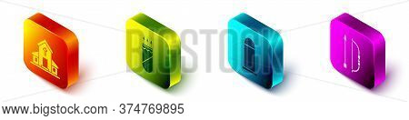 Set Isometric Church Building, Quiver With Arrows, Bullet And Bow And Arrow In Quiver Icon. Vector