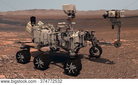 Mars. The Perseverance Rover Deploys Its Equipment Against The Backdrop Of A True Martian Landscape.