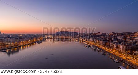 Pano Aerial Drone Shot Of St. Anne Church Market Hall And Fisherman Bastion On Buda Hill