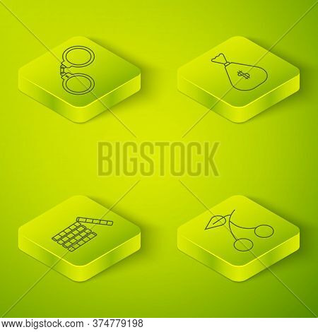 Set Isometric Money Bag, Casino Chips, Casino Slot Machine With Cherry And Handcuffs Icon. Vector