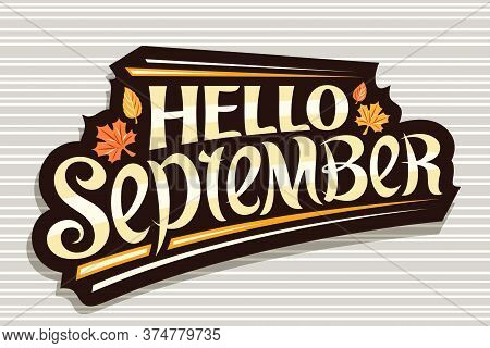 Vector Lettering Hello September, Black Logo With Curly Calligraphic Font, Autumn Leaves And Decorat