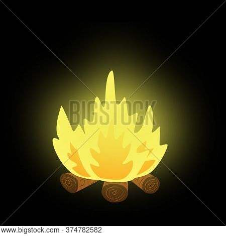 Bonfire Made Of Logs With A Bright Flame. Burning Pieces Of Wood. Summer Camping Vacations. Campfire