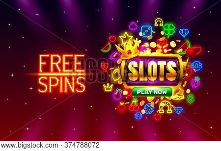 Slots Free Spins, 777 Slot Sign Machine. Vector