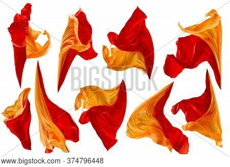 Fabric Cloth Flowing On Wind, Set Of Flying Fluttering Silk Textile Pieces, Isolated Over White Back