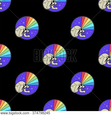 Skull With Rainbow Vision Badge Color Seamless Pattern Black Background