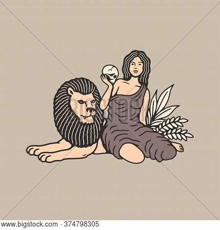 Girl With A Skull Sitting With A Lion Color Background