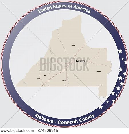 Round Button With Detailed Map Of Conecuh County In Alabama, Usa.