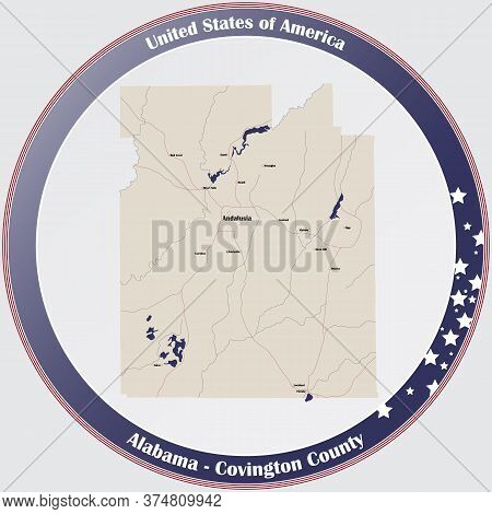 Round Button With Detailed Map Of Covington County In Alabama, Usa.