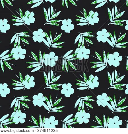 Blue Tropical Botanical Leaf Seamless Pattern Background