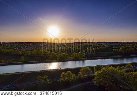 Aerial View Of Sunset Rhine Main Danube Canal In Erlangen