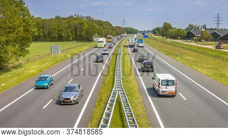 Motor Traffic On The A1 Motorway Seen From Above. This Is One Of The Bussiest Highways In The Nether