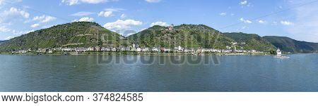 Scenic View To Middle Rhine Valley With Village Of Kaub And Fortress Gutenfels