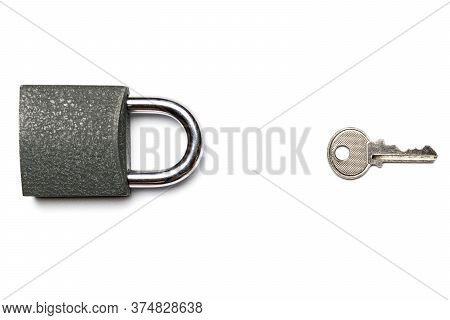 Lock Isolated On White Background. Security Concept With Metal Lock Pad With Key.