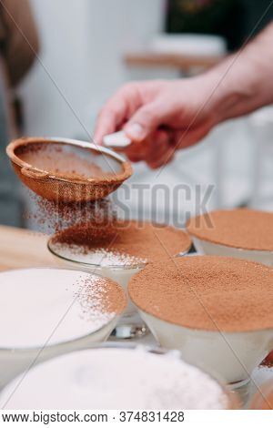 Preparing Tiramisu Dessert In A Cooking Class. Cooking At Home, Home Food, Home Chef. The Process Of