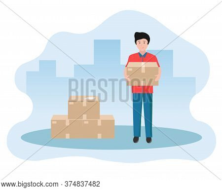 Vector Illustration Of A Young Man Holding A Delivered Order