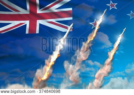 New Zealand Supersonic Missile Launch - Modern Strategic Nuclear Rocket Weapons Concept On Blue Sky 
