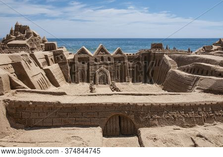 Sand Castle On A Beach In Chile. Sand Castle On The Chilean Coast On The Shore Of The Pacific Ocean.