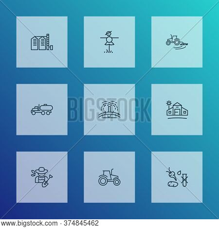 Gardening Icons Line Style Set With Farm House, Grain Silo, Scarecrow And Other Bugaboo Elements. Is