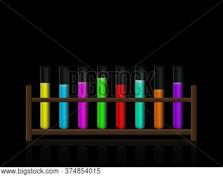 Chemical Substances. Neon Colored Fluorescent Toxic Liquids In A Test Tube Rack. Wooden Holder With 