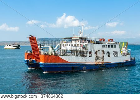 Bali Public Ferry Ship Carrying Passengers From Gilimanuk Harbour Ferry Port In Bali Island To Ketap