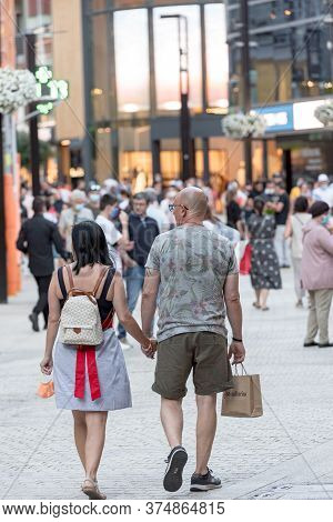 Andorra La Vella, Andorra : 2020 July 06 : People Walk In The Comercial Street Named Meritxell After