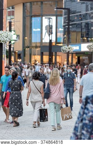 Andorra La Vella, Andorra : 2020 July 06 : People Walk In The Comercial Street Named Meritxell After