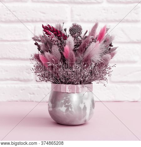 Trendly Beautiful Flowers Bouquet Pink And Red Colored Wiht Dried Plants, Flower, Grass. Handmade Fl