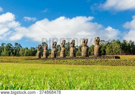 Seven Ahu Akivi Moai, Which Are The Only Moai To Face The Sea. Easter Island.