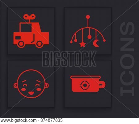 Set Baby Potty, Toy Car, Baby Crib Hanging Toys And Happy Little Boy Head Icon. Vector