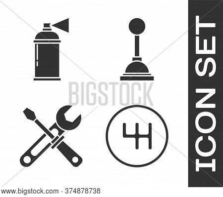 Set Gear Shifter, Paint Spray Can, Screwdriver And Wrench Tools And Gear Shifter Icon. Vector