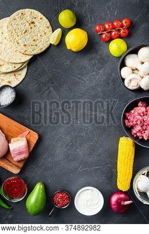 Mexican Cuisine Food Frame, Raw Taco Ingredients, Over Blacl Textured Background Surface, Top View S