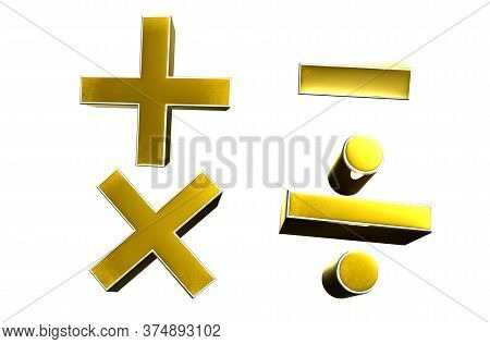3d Illustration Symbol Add, Subtract, Multiply, Divide Gold Isolated On A White Background.(with Cli