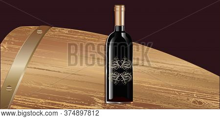 Bottle With Vintage Ornament, A Fragment Of A Beautiful Wooden Barrel - Illustration, Vector. Banner