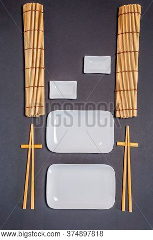 Empty Sushi Plate, With Space For Text, Freespace, Mockup. Vertical Photo