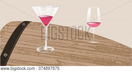 Glasses Transparent With Rose Wine, A Fragment Of A Wooden Barrel - Illustration, Vector. Banner.