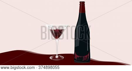 Bottle Of Red Wine With Decor, A Transparent Glass With A Drink - Illustration, Vector. Banner.