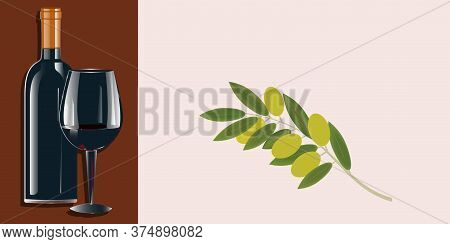 Branch With Green Olives, A Glass With Red Wine, A Bottle - Illustration, Vector. Banner.