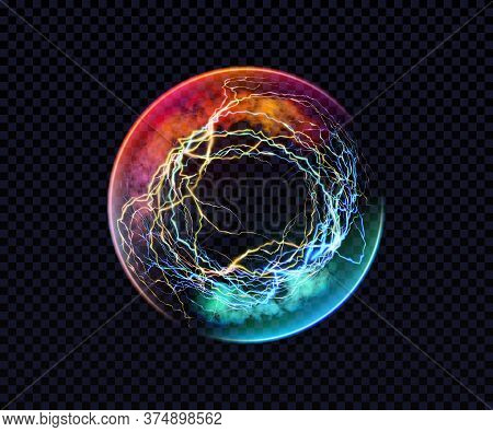 Electric Ball. Lightning Circle. Thunderbolt. Vector Electric Discharge Effect. The Light Sphere In 