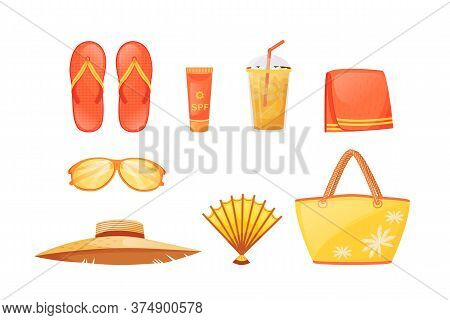 Sunbathing Essentials Flat Color Vector Objects Set. Summer Relaxation. Travel Equipment. Beach Acce