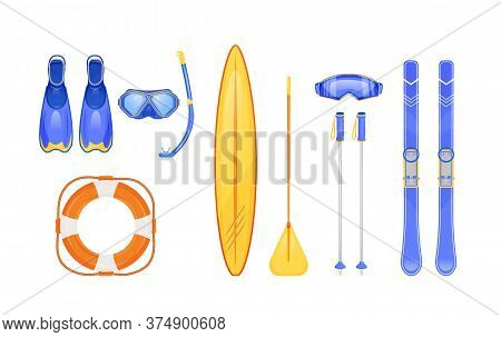 Summer And Winter Sports Gear Flat Color Vector Objects Set. Scuba Diving. Skiing Sticks. Life, Ring