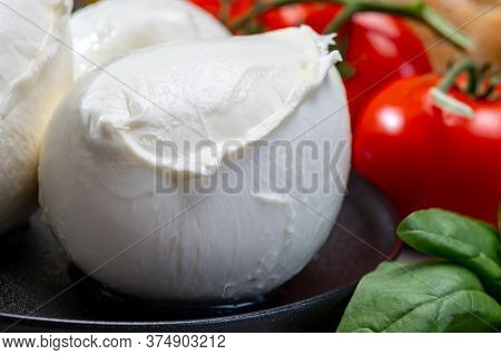 Fresh Handmade Soft Italian Cheese From Campania, White Balls Of Buffalo Mozzarella Cheese Made From
